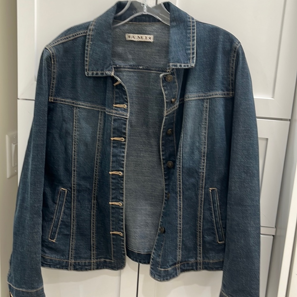 A.M.I. Jean jacket. No size but fits sm/med. good condition. Hardly worn